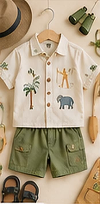 Little Explorer Shirt + Shorts on a hanger