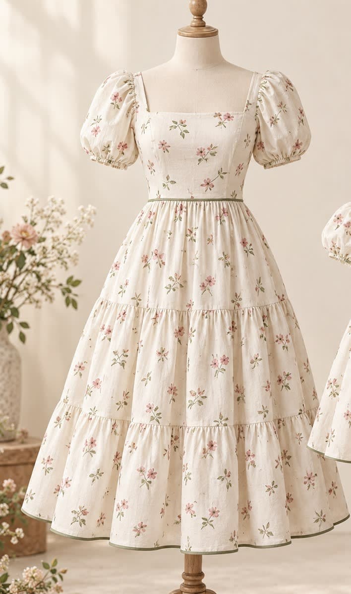 Mum’s Floral Tiered Puff-Sleeve Midi Dress