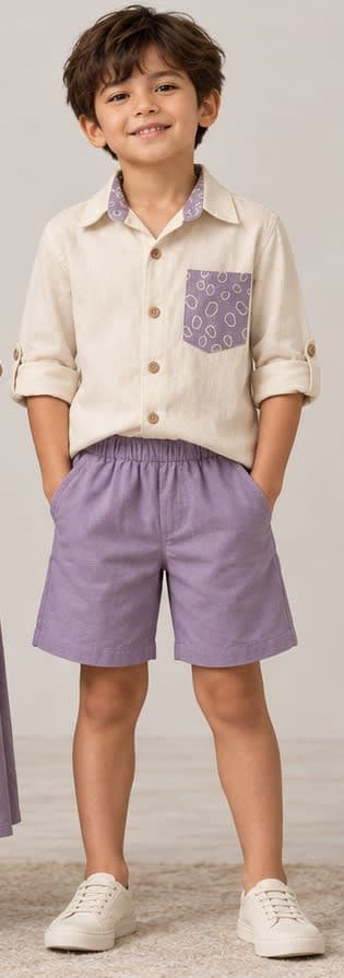 Boy’s Cream Shirt & Lavender Shorts Set