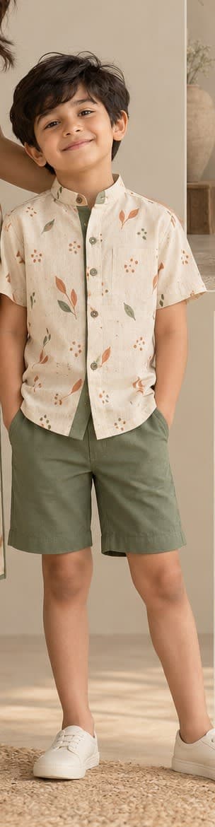 Boy’s Leaf Print Mandarin Shirt & Sage Shorts